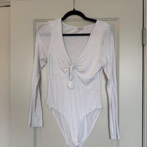 Cotton On White Twist Front V-Neck Long Sleeve Bodysuit L